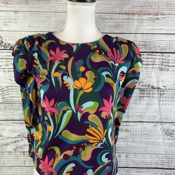 INC International Concepts Blouse Top size Small Pink Purple Floral Retro Hippie - Picture 2 of 9